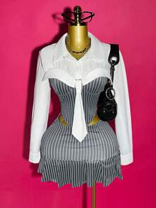 Mistrie Women's Contrast Stripe Lapel Casual Collegiate Long Sleeve Shirt - Grey - View 4