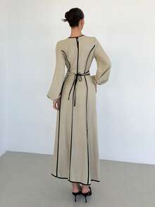 Siren Gaze 女士亚麻撞色腰部喇叭连衣裙 - 杏色 - 查看 2