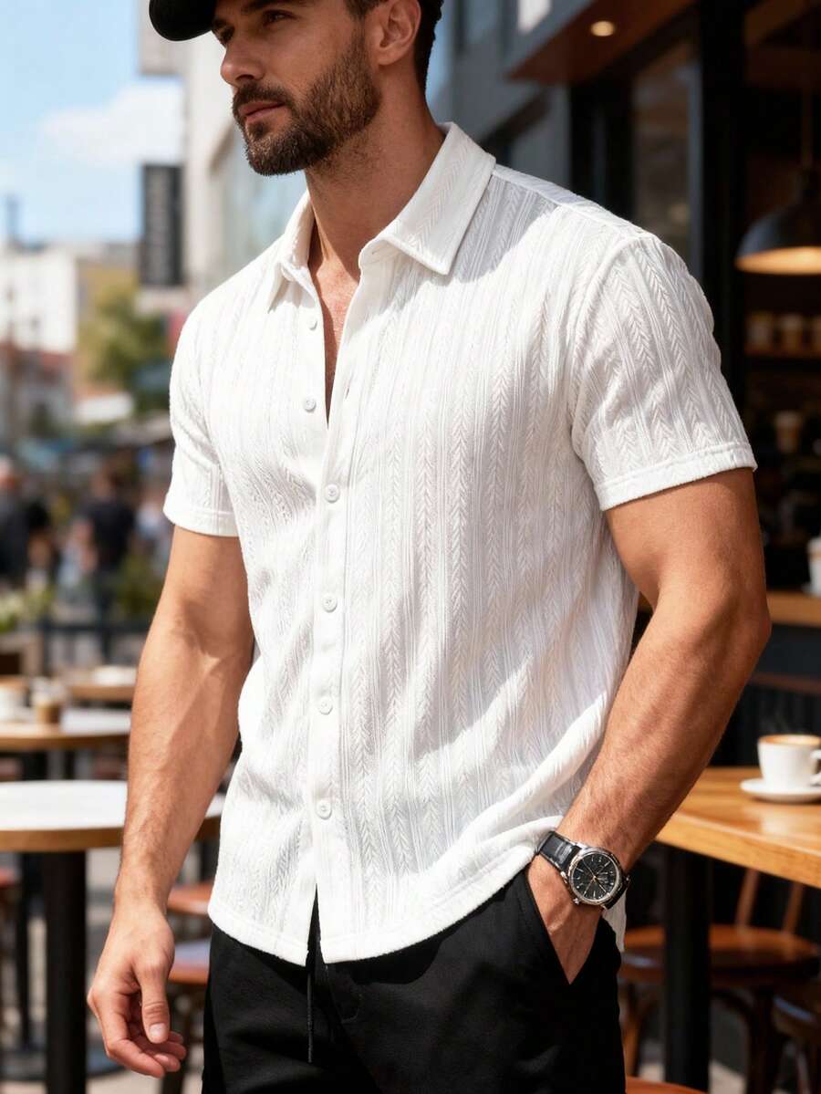 HIMLAND Áo sơ mi nam tay ngắn, màu trơn, cài cúc phía trước, chất liệu vải sần, kiểu dáng thường ngày, thích hợp cho mùa xuân/hè.