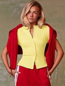 Athîral Áo khoác cardigan ngắn tay màu đỏ dành cho nữ, kiểu dáng thường ngày. - Vàng nhạt - Xem 3