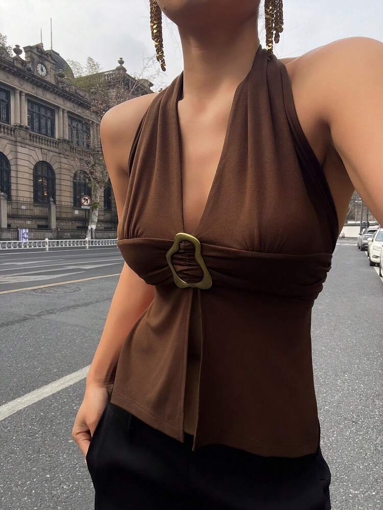 Women's Solid Color Halter Tie Backless Cinched Waist Metal Buckle Contrast Color Elegant Vacation Summer Tank Top