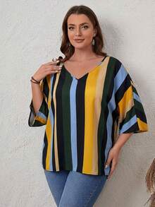 EMERY ROSE Plus Size V-Neck Batwing Sleeve Striped Decor Loose Casual Shirt, Summer - Blue - View 4