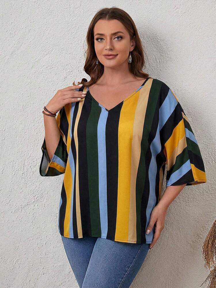 EMERY ROSE Plus Size V-Neck Batwing Sleeve Striped Decor Loose Casual Shirt, Summer - Blue - View 4