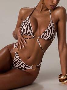 SHEIN BAE Women's Vacation Zebra Print Circular Linked Hollow Design Sexy Halter One-Piece Swimsuit - Brown - View 4