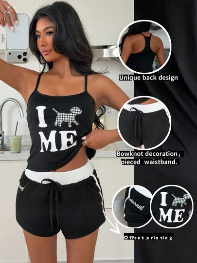 SHEIN Women's Sleepwear Set, Letter & Puppy Graphic Camisole And Shorts
