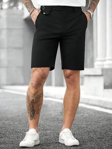 Manfinity CasualCool Men's Solid Color Pocket Casual Knee-Length Shorts Black Dress Shorts Men Black Designer Shorts Man Black Shorts Men - Black - View 6