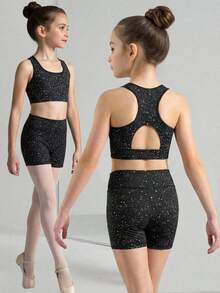 SHEIN Bộ đồ 2 món cho bé gái tuổi teen, gồm áo tank top dệt kim trơn, lưng khoét rỗng và quần short đạp xe, thích hợp cho yoga, ngày hội thể thao, đi học. - màu đen - Xem 2