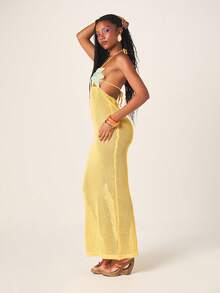 MISSGUIDED Crochet Maxi Beach Golf Cover Up Dress With Floral Bust Detail And Beaded Trims Mesh Knit Summer Poolside Vacation Resort White Sexy - Yellow - View 5
