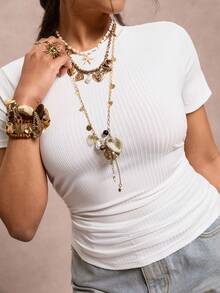 Freevana 大码女式夏季休闲通勤简约纯色罗纹褶裥修身短袖T恤 - 白色 - 查看 8