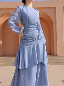 Graceveil 女士优雅浪漫抽绳雪纺两件套，蓝色 - 藍色 - 查看 3