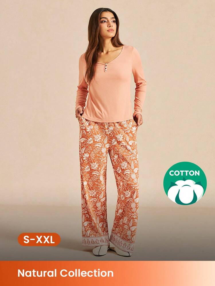 オレンジ ソフト ベーシック ロングTシャツ & コットン柄パンツ ルームウェア エアリー パジャマセット レディース ポケット付きパンツ アウターウェアとしてのランジェリー レディース ルームウェアセット パジャマ