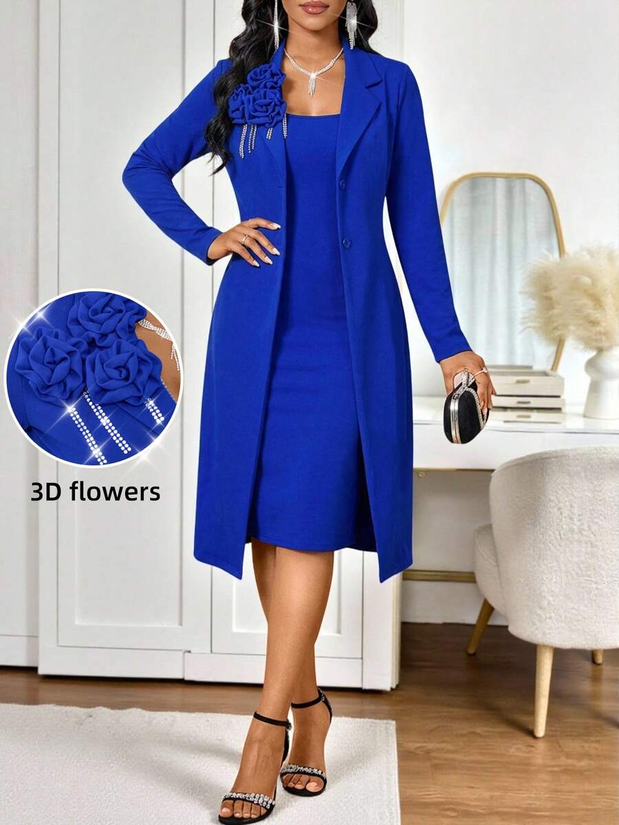 SHEIN Lady Bộ áo khoác dài tay màu trơn dành cho nữ và váy. - Xanh đậm - Xem 1