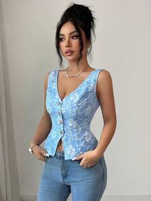 SHEIN Elenzya Women's Summer Floral Jacquard Single-Breasted Tank Top - Blue - View 4