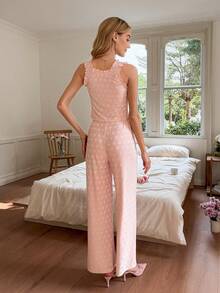 SHEIN 2pcs Heart Pattern Camisole And Pants Pajama Set, Summer - Coral Pink - View 3