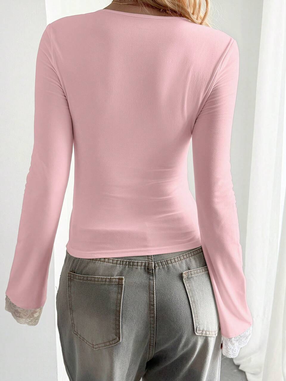 Women's V-Neck Lace Patchwork Fitted Long Sleeve Tie Design Casual Sexy T-Shirt