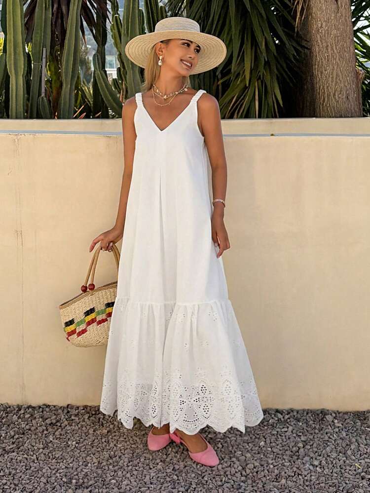 Women's V-Neck Lace Patchwork Spaghetti Strap Dress, Casual Vacation Style Summer Boho