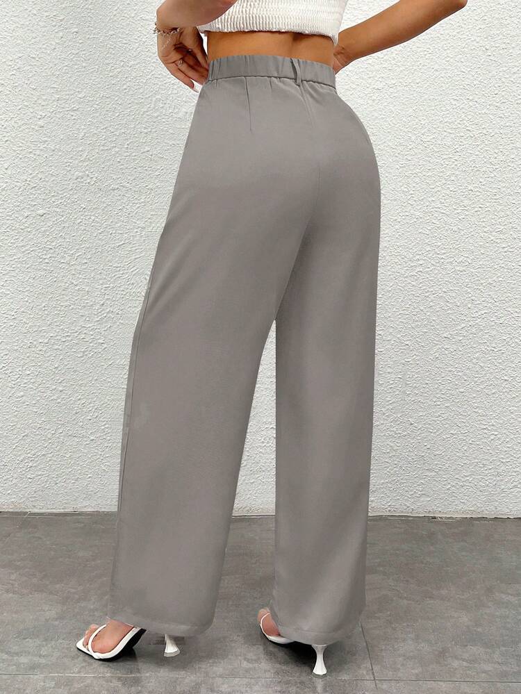 SHEIN PETITE CURVE 大码女士纯色简约日常休闲裤 - 深灰色 - 查看 2
