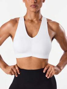 SHEIN Sports 女士纯色褶皱运动文胸 - 白色 - 查看 4