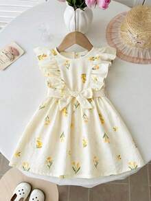 LMoss Kids Baby Girl Summer Vacation Cute Floral Pattern Ruffle Trim Sleeveless Top And Elastic Waist Pants Set - Beige - View 4