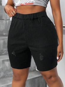 SHEIN SXY Plus Size Women Elastic Waist Denim Biker Shorts For Autumn - Black - View 6