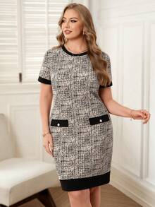 Rosumi Plus Size Women's Summer Elegant Black And White Contrast Trim Plaid Print Bodycon Dress,Breathable Round Neck Short Sleeve Festa Vacation Outfits - Multicolor - View 5