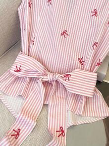 Resyla Women's Bow Tie Striped Pattern Lapel Waist Ruched Sleeveless Fashion Blouse - Pink - View 6