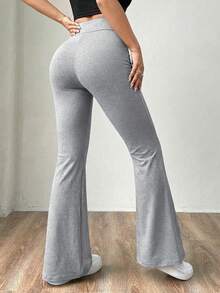 SHEIN EZwear 灰色针织女式修身喇叭裤 - 灰色 - 查看 2
