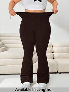 SHEIN Tall CURVE 大码女装秋冬返校休闲家居服瑜伽舒适户外纯黑色针织弹力腰高腰口袋喇叭裤，带口袋打底裤 - 棕色 - 查看 1