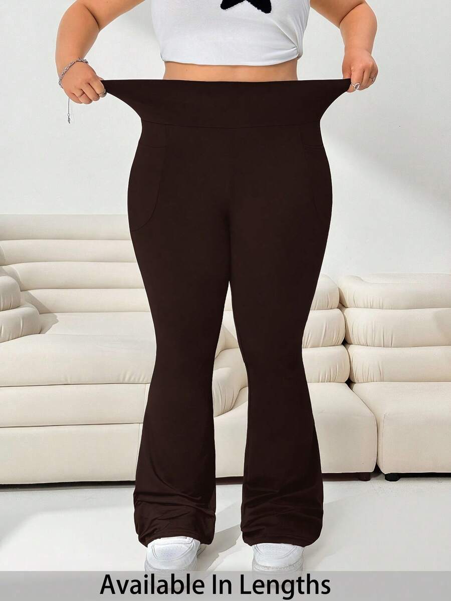 SHEIN Tall CURVE 大码女装秋冬返校休闲家居服瑜伽舒适户外纯黑色针织弹力腰高腰口袋喇叭裤,带口袋打底裤 - 棕色 - 查看 1