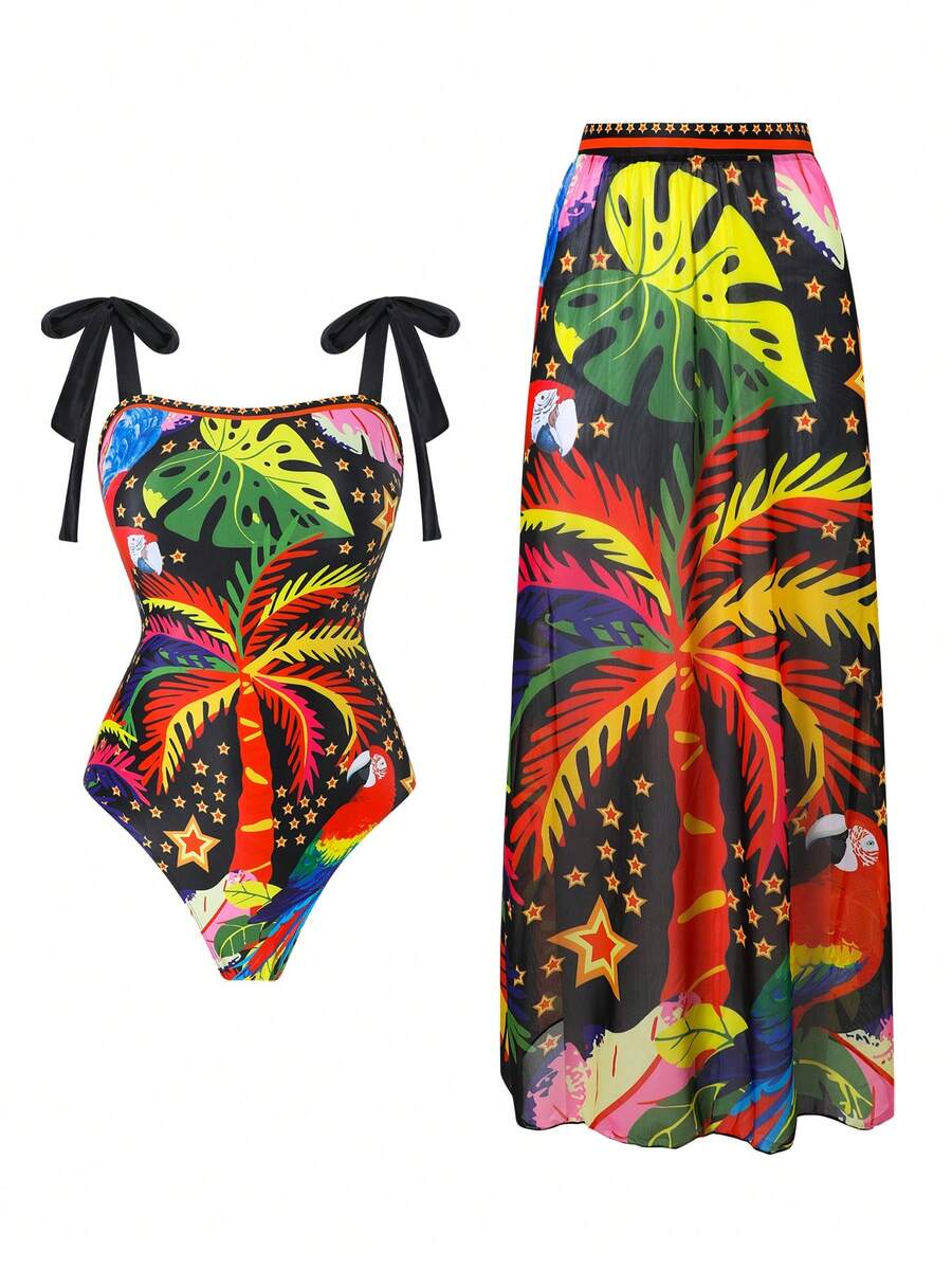 Swim Oasis Women's New Coconut Tree Print Halter Strap One-Piece Swimsuit With Mesh Skirt, Slim Fit Two Pieces Set, Spring/Summer - Multicolor - View 1