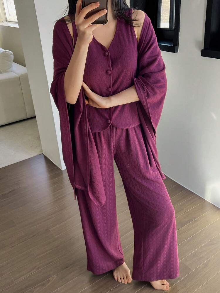 3pcs Jacquard Knit Shawl, Vest And Pants Women Loungewear Set