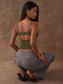 SHEIN BAE 女士纯色吊带蕾丝修身性感露脐背心，夏季 - 軍綠色 - 查看 2