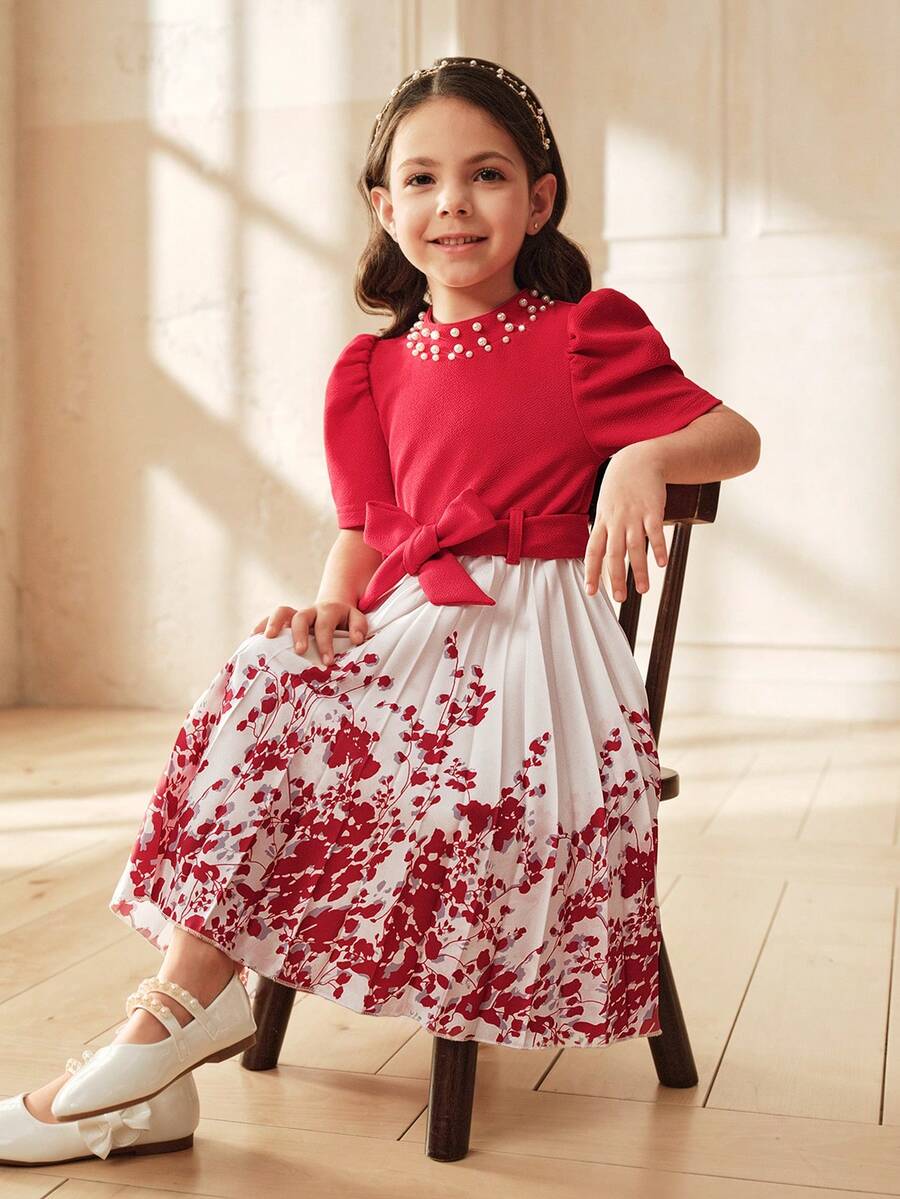 SHEIN Red Polyester Young Girl A Line Midi Dress With Stand Collar And Puff Short Sleeves Flared Hem Plant Pattern For Everyday Casual - Red - View 1