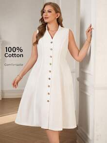 Rosumi 大码优雅简约前扣无袖白色中长连衣裙，适合夏季通勤 - 白色 - 查看 1