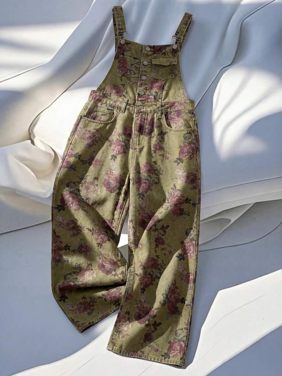 SHEIN MOD 女士印花口袋阔腿宽松休闲牛仔连体裤 - 藍色 - 查看 1