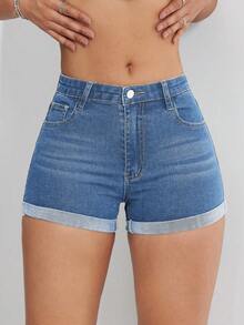 SHEIN EZwear 女士水洗高腰卷边牛仔短裤，时尚百搭 - 中等水洗藍 - 查看 5