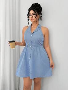 SHEIN PETITE CURVE Plus Size Women Backless Single-Breasted Striped Dress, Korean Sweet & Elegant Style, Suitable For Commuting And Romantic Occasions - Blue - View 4