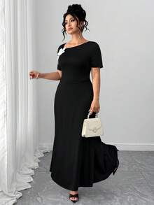 Elenzga Plus Size Women Asymmetrical Neckline Floral Decor Short Sleeve French Chic Midi Dress - Black - View 5