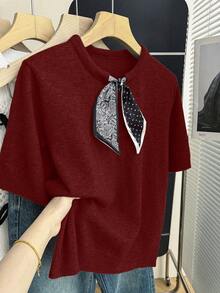 Franclia Burgundy,Autumn,Elegant,Office Casual Round Neck Short Sleeve Top,Paisley & Polka Dot Patchwork French Style Ribbed Trim Contrast Bow Collar Design - Red - View 6