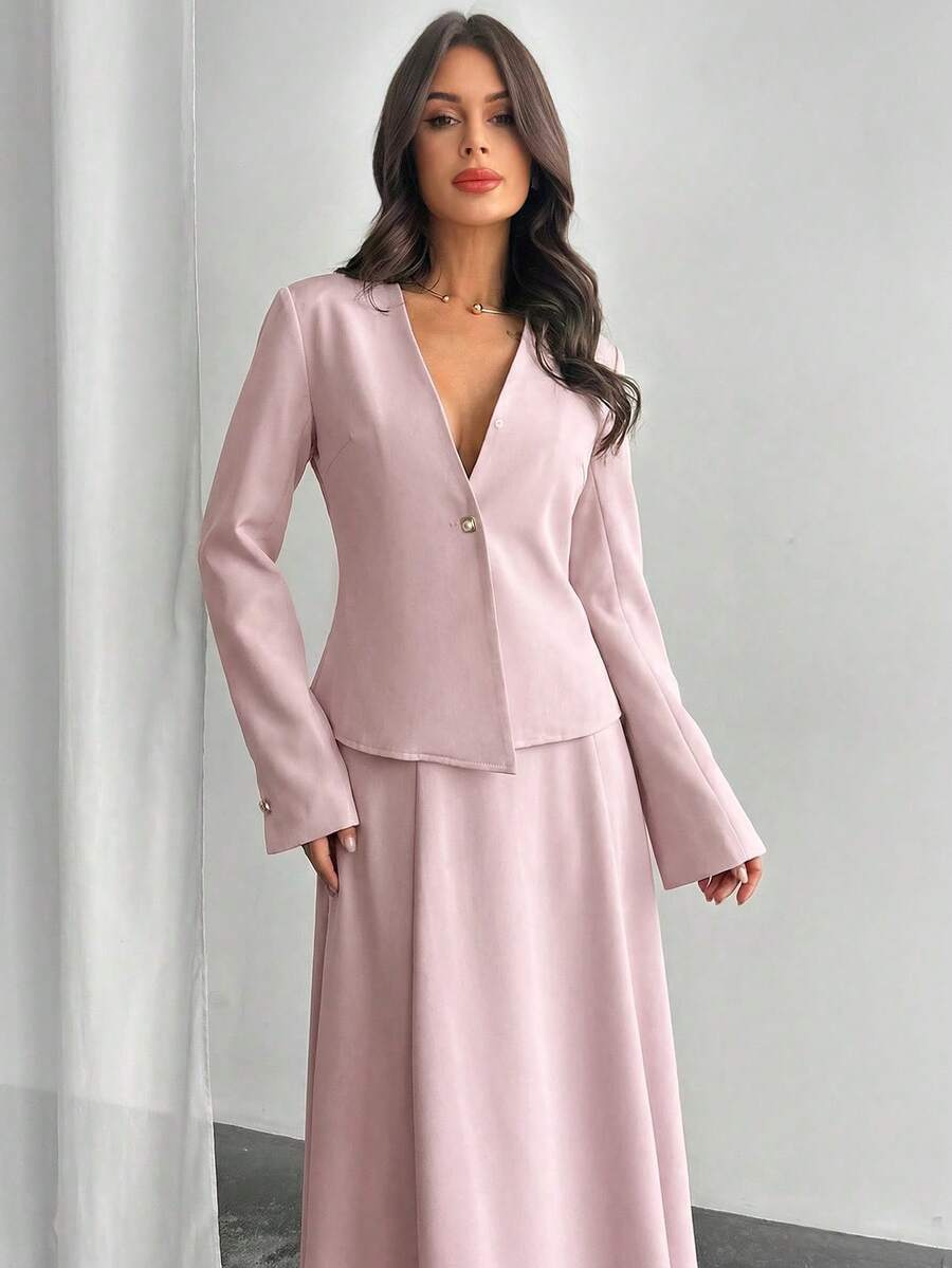 Firerie Conjunto de blazer de manga larga de unicolor y falda evasé elegante de diseño minimalista - Rosa vieja - Ver 1