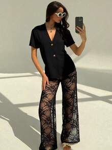 Aloruh Conjunto de camisa de manga corta con escote en V sexy y pantalones rectos de encaje transparente para mujer, para el verano - Negro - Ver 7