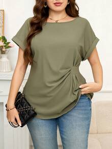 Reflora Plus Size Olive Green Summer Smart Casual Office Blouse,Solid Rolled Sleeve Waist Ruched Elegant Minimalist Short Sleeve Tie Front Top For Mother - Green - View 7