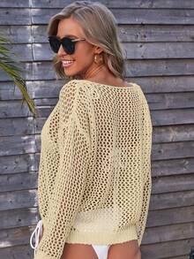 SHEIN Swim 女士镂空针织蝙蝠袖罩衫上衣，夏季 - 卡其色 - 查看 2