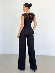 Siren Gaze Women's Lace Patchwork Cap Sleeve Top And Wide Leg Pants Casual Commuter Outfit Black Two Piece Set Women - Black - View 2