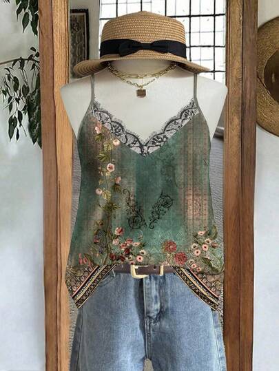 EMERY ROSE Plus Size Vacation Floral Print Lace Patchwork Camisole Suitable For Going Out,Flower/Spring/Summer