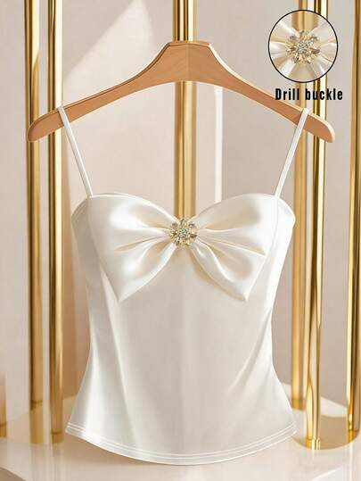 Franclia Satin Camisole With Rhinestone Bow Decor, Slim Fit Sexy Cold Shoulder Top, Elegant French Style Glow Design, Suitable For Dates, Parties