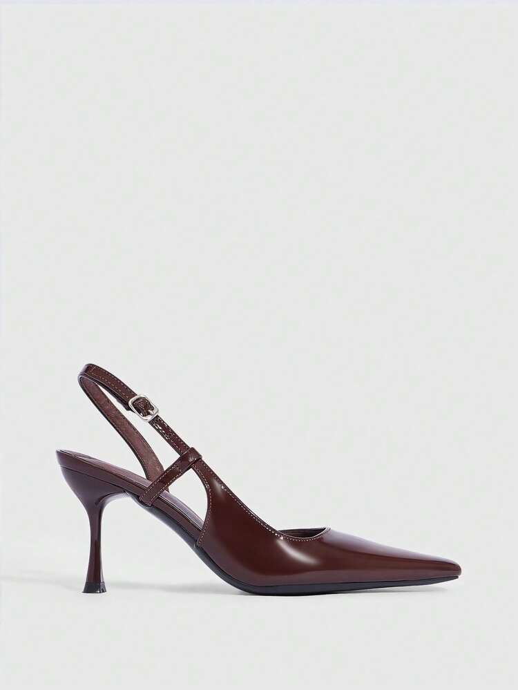 CUCCOO SZL Women's Pointed Toe Brown Patent Leather Minimalist Style Ankle Strap Stiletto High Heel Pumps, Fashionable & Sexy For Dates