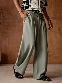 AKNOTIC Business Casual Men's Casual Loose Elastic Waist Barrel Leg Chino Pants, Suitable For Summer, Vacation, Daily Wear, Party, Couple, Men's Gift - Olive Green - View 4