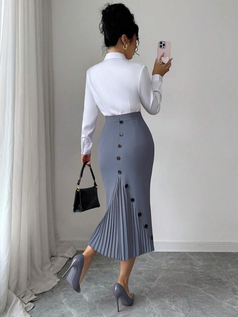 Elenzga Women's Elegant Fitted Pleated Pencil Skirt - Dark Grey - View 1