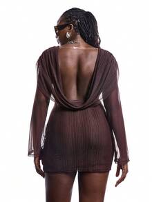 LYSMO Plus Size Burgundy Autumn Classy Night Out Club Sequin Hooded Semi-Sheer Mesh Dress For Women,See Through Long Sleeve One Shoulder Bodycon Party Dress - Brown - View 2